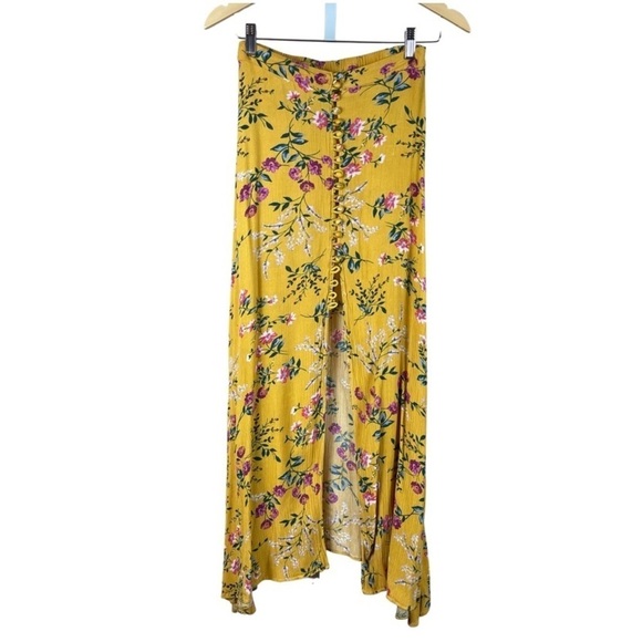 Melle Fashion Size Small Boho Floral Mustard Yellow Floral Slit Skirt High Waist - Picture 1 of 8